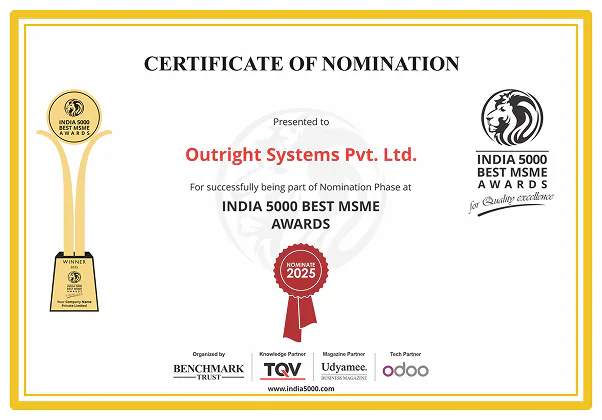 Certificate of nomination presented to Outright Systems Pvt. Ltd.