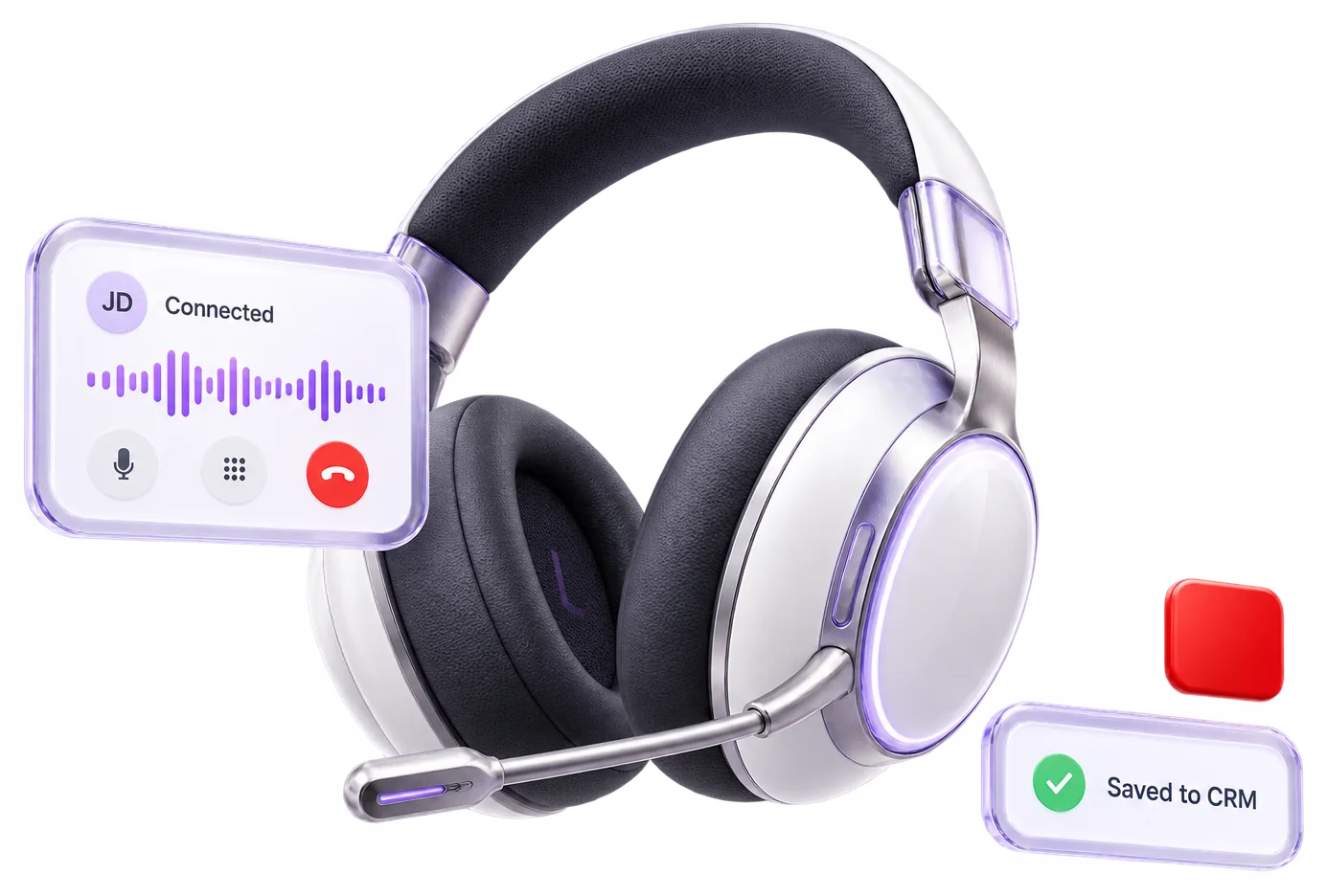 A white and lavender headset with a connected-call card and a Saved to CRM confirmation