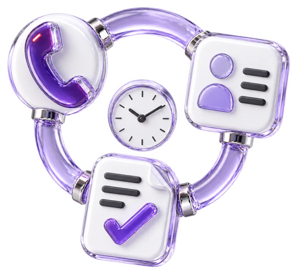 A glass loop connecting a phone, a contact card, a clock and a checked note