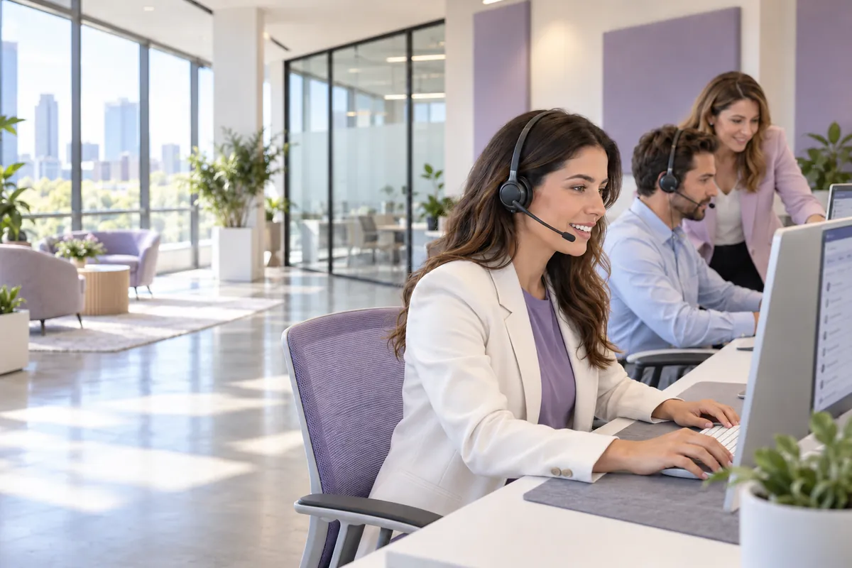 A calling team at work in a bright, lavender-toned office